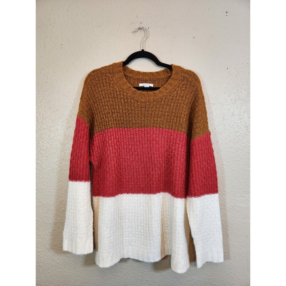 American Eagle Womens Medium Brown Red Colorblock Textured Knit Pullover Sweater